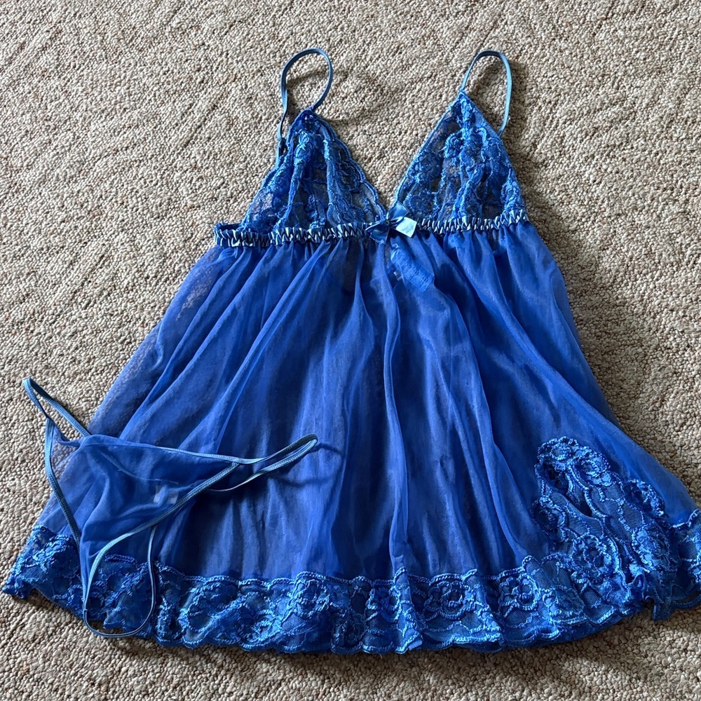 Frederick's of Hollywood Royal Blue Lace & Sheer Babydoll Chemise with G-String